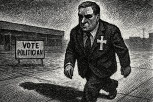 Politician walking sidewalk