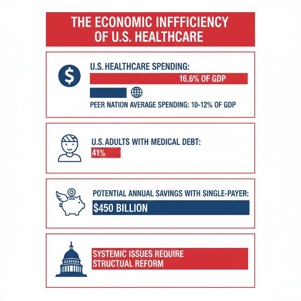 Universal Healthcare Infographic:The Economic Inefficiency of US Healthcare, provides a breakdown reasons for structural reform of healthcare