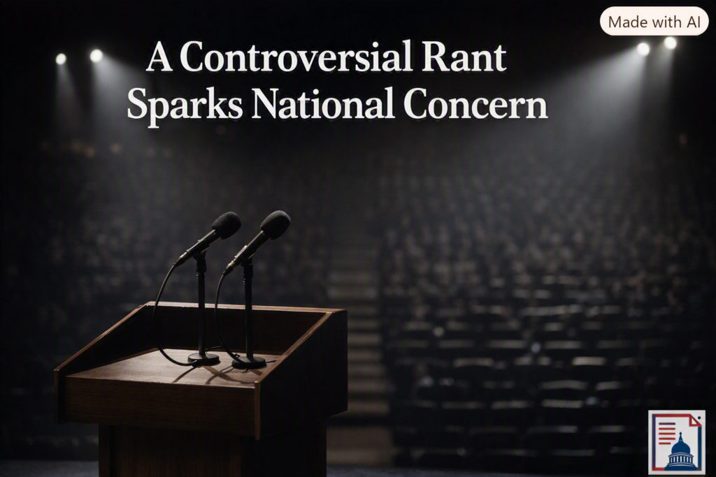 A wooden podium with microphones on a brightly lit stage facing an empty, shadowy auditorium under dramatic lighting.
