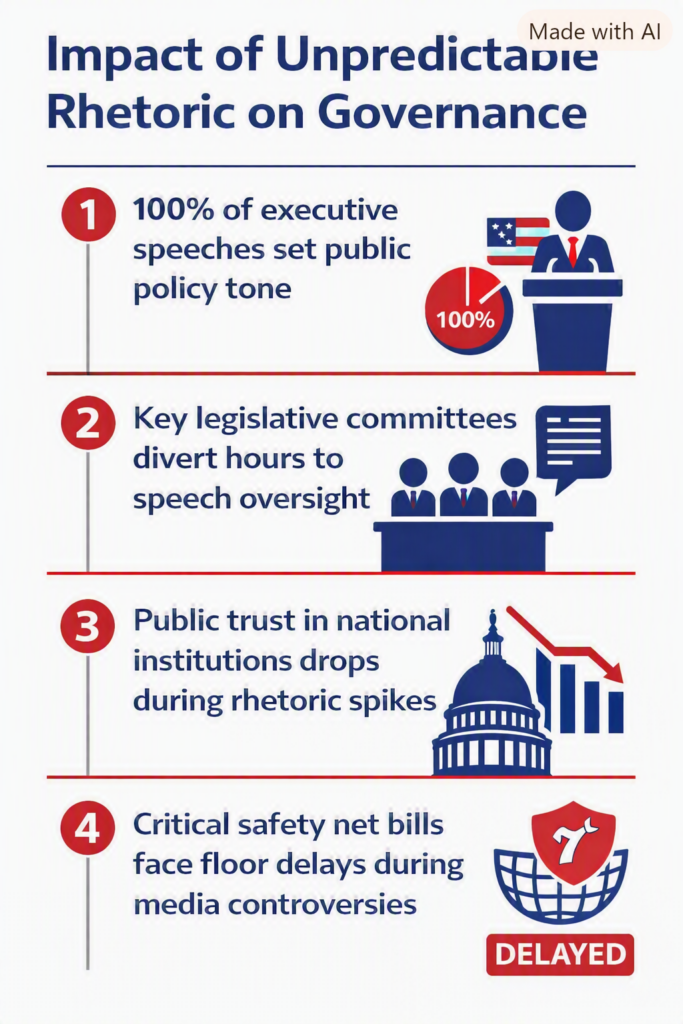 Flat vector infographic illustrating four points on the impact of unpredictable rhetoric on governance: executive policy tone, legislative oversight, public trust, and policy delays.